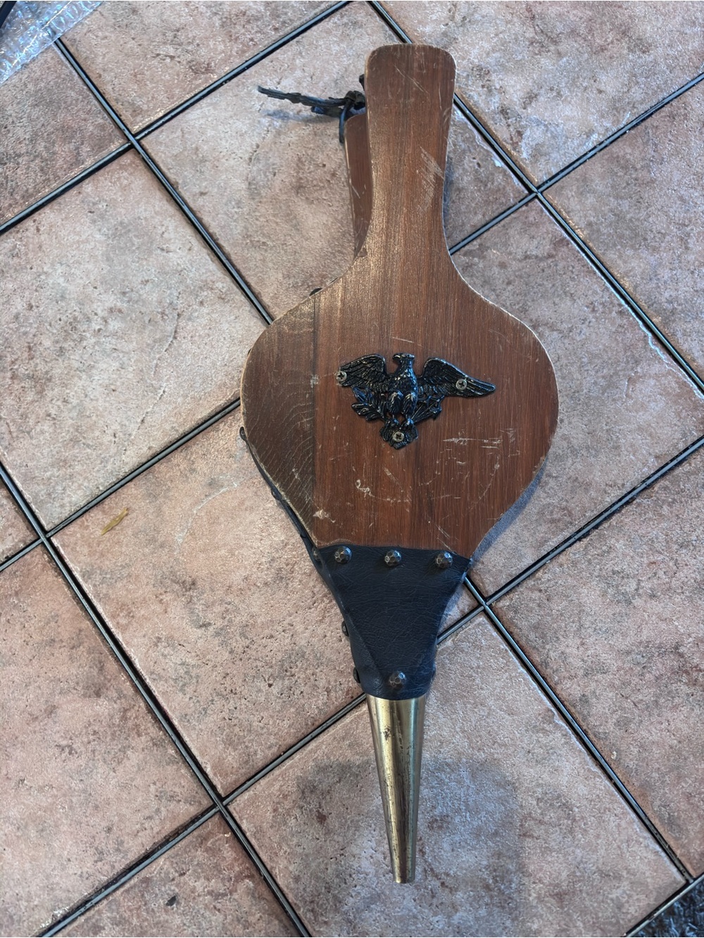 Vintage 1960s Wood, Brass & Leather Fireplace Bellows w/ Decorative Eagle Emblem